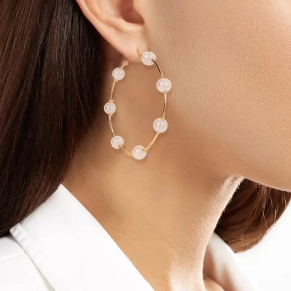 Gold & Pearl Round Hoop Earrings NEW - Picture 5 of 7